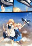  absurdres alice_margatroid blonde_hair blue_eyes boots braid broom broom_riding day hairband hat highres huge_filesize kirisame_marisa multiple_girls multiple_riders scan short_hair sidesaddle sky tian_shi_meng_mo touhou witch_hat 