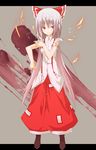  bad_id bad_pixiv_id bangs dress_shirt fire fujiwara_no_mokou huei_nazuki long_hair pants red_eyes shirt silver_hair sleeveless smile solo suspenders torn_clothes touhou younger 