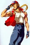  blonde_hair denim fatal_fury gloves hat highres jacket jeans male_focus muscle oobari_masami pants ponytail scan solo terry_bogard 
