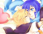  blonde_hair blue_eyes blue_hair blue_scarf closed_eyes hair_over_one_eye hug kagamine_len kaito male_focus mukkun multiple_boys necktie scarf sweat vocaloid yaoi 