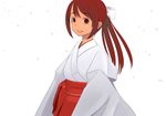  bangs bow copyright_request hair_bow hakama japanese_clothes kiriman_(souldeep) long_hair long_sleeves looking_at_viewer miko petals ponytail red_eyes red_hair red_hakama simple_background smile solo white_background white_bow wide_sleeves 