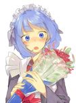  apron blue_eyes blue_hair blush bouquet congratulations flower hama_(22ji_kara_24ji) highres holding holding_bouquet long_sleeves looking_at_viewer maid maid_apron maid_headdress original short_hair simple_background sketch solo surprised upper_body white_background 