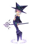  bare_shoulders cadie floating green_eyes hat hoon_park_jeong magic magic_circle one_eye_closed pangya simple_background smile solo staff wand witch witch_hat 