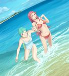  anemone_(eureka_seven) bikini day eureka eureka_seven eureka_seven_(series) green_hair highres long_hair multiple_girls niku_(kimagureya) one-piece_swimsuit one_eye_closed red_hair side-tie_bikini smile swimsuit 