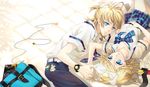  1girl bad_id bad_pixiv_id blonde_hair blue_eyes brother_and_sister cocoon_(loveririn) digital_media_player hair_ornament hair_ribbon hairclip headphones holding_hands ipod kagamine_len kagamine_rin lying on_back on_side ribbon school_uniform short_hair siblings skirt twins vocaloid watch wristwatch 