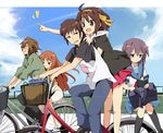  &gt;_&lt; 3girls :d ahoge arms_around_waist asahina_mikuru bag bare_legs bicycle bicycle_basket black_legwear blonde_hair blue_skirt blue_sky blush book brown_eyes brown_hair casual closed_eyes cloud day ground_vehicle hair_ribbon hairband hand_on_another's_shoulder holding holding_book hood hood_down hoodie hug hug_from_behind ixy kita_high_school_uniform kneehighs koizumi_itsuki kyon long_hair multiple_boys multiple_girls multiple_riders nagato_yuki neckerchief open_book open_mouth orange_hairband outdoors outstretched_arm pants pointing reading red_skirt ribbon riding school_bag school_uniform serafuku shirt short_hair sidesaddle silver_hair skirt sky smile suzumiya_haruhi suzumiya_haruhi_no_yuuutsu sweatdrop t-shirt 