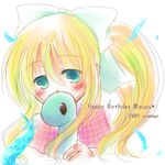  air birthday blonde_hair blue_eyes blush dinosaur hair_ribbon kamio_misuzu long_hair lowres ponytail ribbon solo yuzuki_(rurirara) 