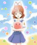  antenna_hair bad_id bad_pixiv_id brown_hair clannad closed_eyes dango dango_daikazoku food furukawa_nagisa hug sakura_(sepia_rin) school_uniform short_hair solo wagashi 