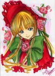  bangs blonde_hair blue_eyes bonnet bow flower large_bow long_hair maon marker_(medium) millipen_(medium) portrait rose rozen_maiden shinku signature solo traditional_media 