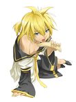  arm_support banana bare_shoulders blonde_hair blue_eyes deyezi food fruit highres holding holding_food holding_fruit kagamine_len licking male_focus nail_polish naughty_face necktie ponytail sexually_suggestive shorts simple_background solo tongue undressing vocaloid yellow_nails yellow_neckwear 