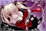  ;p bad_id bad_pixiv_id bat_wings blonde_hair detached_sleeves garters gothic_lolita kirihara_natsuki lolita_fashion moon night night_sky one_eye_closed original red_eyes red_moon sky solo thighhighs tongue tongue_out twintails wings 