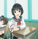  black_hair blue_eyes bob_cut classroom desk eraser hands highres looking_at_viewer multiple_girls open_mouth original outstretched_arm pov school_desk school_uniform serafuku short_hair sleeping smile tombow_mono yooguru 