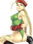  ahoge ass bad_id bad_pixiv_id beret blonde_hair blue_eyes bodypaint boots braid breasts cammy_white covered_nipples fingerless_gloves from_behind gloves green_leotard hat huge_ahoge icym leotard long_hair looking_back medium_breasts scar solo street_fighter thong_leotard twin_braids 