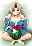  :p bad_id bad_pixiv_id barefoot blonde_hair breasts cleavage feet food fruit horn hoshiguma_yuugi japanese_clothes large_breasts long_hair mugenshiki red_eyes sitting solo tongue tongue_out touhou watermelon 