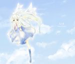  air birthday blonde_hair blue_eyes day dress hair_ribbon kamio_misuzu kotori_(chilly_sky) long_hair ponytail ribbon school_uniform sky solo wings 