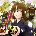  akizuki_ritsuko bayonetta breasts brown_hair cleavage cosplay glasses gun idolmaster momojiri_tarou monster weapon 