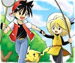  1girl bandaid baseball_cap black_hair blonde_hair blue_eyes boots brown_eyes butterfly_net fingerless_gloves fishing_rod gen_1_pokemon gloves hand_net hat holding holding_fishing_rod holding_hands pika_(pokemon) pikachu poke_ball pokemoa pokemon pokemon_(creature) pokemon_special red_(pokemon) running tabard turtleneck waist_poke_ball yellow_(pokemon) 