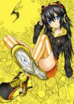  black_hair blue_eyes daive headphones highres no_panties original shoes sneakers solo striped striped_legwear thighhighs vertical-striped_legwear vertical_stripes 