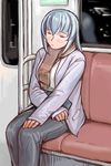  casual gloves jacket older pants rozen_maiden scarf silver_hair sleeping sleeping_upright solo suigintou train_interior tsuda_nanafushi 