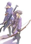  ayumiso black_hair blue_hair bow_(weapon) flower gloves green_eyes male_focus multiple_boys ponytail raven_(tales) tales_of_(series) tales_of_vesperia weapon yeager_(tales) 