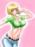  babydoll_t-shirt blonde_hair blue_eyes blush breasts cleavage copyright_request crop_top denim jeans large_breasts midriff pants short_hair solo temenniguru 