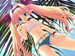  aqua_eyes belt bikini_top blonde_hair carol_miruto dutch_angle elf fang flat_chest from_below game_cg glasses hairband key long_hair midriff pointy_ears short_shorts shorts solo twintails wizard_girl_ambitious 