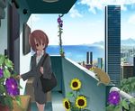  aikei_ake bad_id bad_pixiv_id bag brown_hair building cat city cloud day flower formal jacket long_hair ocean office_lady original pencil_skirt skirt skirt_suit sky skyscraper solo suit sunflower 