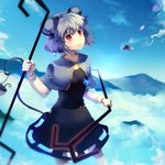  animal_ears blue_hair cloud day dowsing_rod dress grey_hair jewelry mouse_ears nazrin pendant red_eyes short_hair sky solo sunakumo tail touhou ufo 