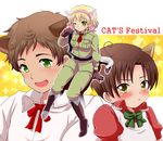  2boys animal_ears axis_powers_hetalia bad_id bad_pixiv_id belgium_(hetalia) blonde_hair blush boots brown_eyes brown_hair cat_ears cat_tail gloves green_eyes hair_ribbon military military_uniform multiple_boys one_eye_closed pout ribbon romion short_hair smile southern_italy_(hetalia) spain_(hetalia) tail uniform 