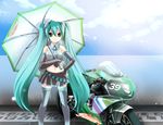  aqua_eyes aqua_hair bare_shoulders bridal_gauntlets cloud day ground_vehicle hand_on_hip hatsune_miku long_hair midriff motor_vehicle motorcycle necktie race_queen skirt sky smile solo takitsume_shino thighhighs twintails umbrella very_long_hair vocaloid 