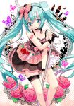  apple aqua_eyes aqua_hair bad_id bad_pixiv_id blush bug butterfly chimochi choker dress flower food food_themed_clothes fruit hairband hatsune_miku high_heels insect long_hair microphone microphone_stand musical_note romeo_to_cinderella_(vocaloid) shoes solo tattoo twintails very_long_hair vocaloid 