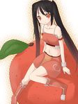  arancia bad_id bad_pixiv_id bare_shoulders black_hair boots food fruit long_hair midriff miniskirt muranisaki navel orange orange_eyes orange_skirt original sitting skirt solo twintails 