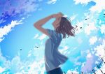  bad_id bad_pixiv_id brown_hair closed_eyes day kuduq original short_hair sky solo wind 