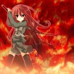  fire highres long_hair noi red red_eyes red_hair school_uniform serafuku shakugan_no_shana shana solo sword thighhighs weapon 