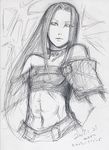  abs androgynous bare_shoulders choker graphite_(medium) greyscale guilty_gear long_hair male_focus maon midriff monochrome signature sketch solo testament_(guilty_gear) traditional_media 