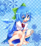  barefoot blue_eyes blue_hair bow cirno feet hair_bow hands open_mouth short_hair smile solo squatting takamura touhou wings 