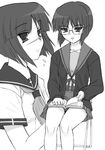  bob_cut book busou_renkin cosplay crossover glasses greyscale kashiwagi_kaede kita_high_school_uniform kizuato monochrome multiple_girls nagato_yuki nagato_yuki_(cosplay) scar school_uniform serafuku shichimenchou suzumiya_haruhi_no_yuuutsu tsumura_tokiko tsumura_tokiko_(cosplay) 