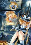  1girl absurdres blonde_hair braid broom glasses hat highres huge_filesize kirisame_marisa lamp morichika_rinnosuke oil_lamp scan short_hair tian_shi_meng_mo touhou witch_hat yellow_eyes 