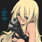  blonde_hair blue_eyes copyright_request english gun handgun kaieda_hiroshi kiss lips long_hair lowres object_kiss oekaki pistol solo tank_top weapon 