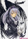  black_wings feathers flower gothic_lolita grey_hair lolita_fashion maon marker_(medium) purple_eyes ribbon rose rozen_maiden signature solo suigintou traditional_media wings 