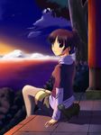  brown_hair cat koikeya md5_mismatch original ponytail purple_eyes shorts sitting skyline solo thighhighs 