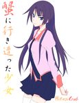  absurdres bakemonogatari highres long_hair monogatari_(series) purple school_uniform senjougahara_hitagi solo sukea_(pokemonogatari) thighhighs 