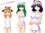  blonde_hair engo_(aquawatery) green_hair hat kochiya_sanae moriya_suwako multiple_girls one-piece_swimsuit purple_hair school_swimsuit swimsuit touhou translated white_school_swimsuit white_swimsuit 