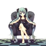  aqua_eyes aqua_hair armchair bad_id bad_pixiv_id barefoot black_dress chair checkered checkered_floor crossed_legs dress feet hair_ribbon hatsune_miku head_tilt highres long_hair looking_at_viewer maki_(natoriumu) multicolored multicolored_eyes perspective purple_eyes ribbon short_dress sitting solo twintails very_long_hair vocaloid 