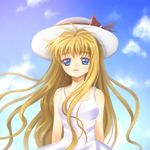  air bad_id bad_pixiv_id blonde_hair blue_eyes day dress hat kamio_misuzu long_hair mauve solo sundress 