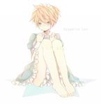  alternate_costume aqua_eyes bad_id bad_pixiv_id barefoot blonde_hair crossdressing enmaided feet heca kagamine_len maid male_focus otoko_no_ko plate solo tears vocaloid waitress 