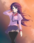  bakemonogatari blue_eyes blush long_hair monogatari_(series) necktie panties pantyshot purple_hair school_uniform senjougahara_hitagi shiratori_serano skirt solo thighhighs underwear 