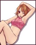  armpits bad_id bad_pixiv_id blush bottomless breasts brown_hair copyright_request covered_nipples highres hinnu@ao medium_breasts one_eye_closed red_eyes short_hair solo 