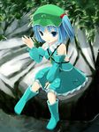  akai_ronii bad_id bad_pixiv_id bare_shoulders blue_eyes blue_hair boots detached_sleeves hair_bobbles hair_ornament hat kawashiro_nitori key short_hair sitting solo touhou twintails two_side_up 