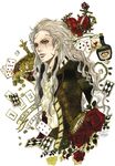  bad_id bad_pixiv_id bottle brown_eyes card dice falling_card final_fantasy final_fantasy_vi floating_card flower jacket jewelry long_hair male_focus rose sakizou scar setzer_gabbiani solo traditional_media watercolor_(medium) white_hair 